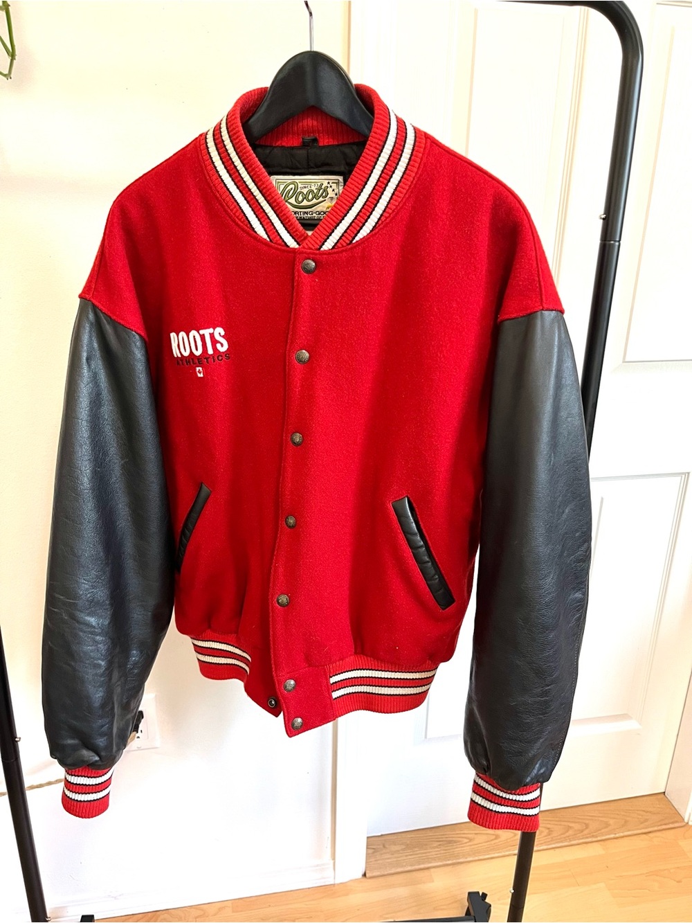Vintage Roots Canada Varsity Jacket XL Wool Leather Made in Canada Red Bomber